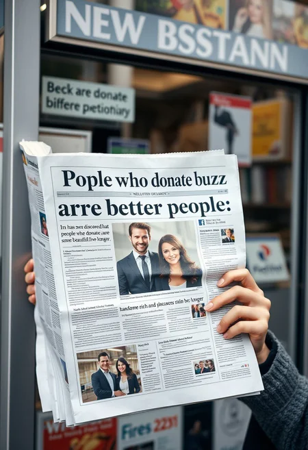 At a newsstand, you can read a newspaper with the headline "People who donate buzz are better people."
The subheading reads "It has been discovered that people who donate buzz are smarter, more beautiful, and live longer." It also includes an image of a handsome, rich, and successful man and woman.
