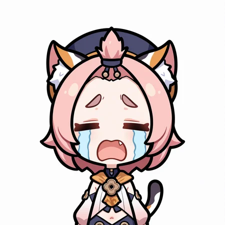 masterpiece, best quality, good quality,
uohhhhhhhhh! \(meme\), streaming tears, tongue, crying, meme, =_=, open mouth, tears,
diona (genshin impact), 1girl, solo, short hair, simple background, long sleeves, white background, hat, navel, animal ears, tail, pink hair, detached sleeves, puffy sleeves, fang, cat ears, chibi, animal ear fluff, cat tail, thick eyebrows, transparent background, cat girl, forehead, bangs pinned back
<lora:uoh_ill_v1:1>