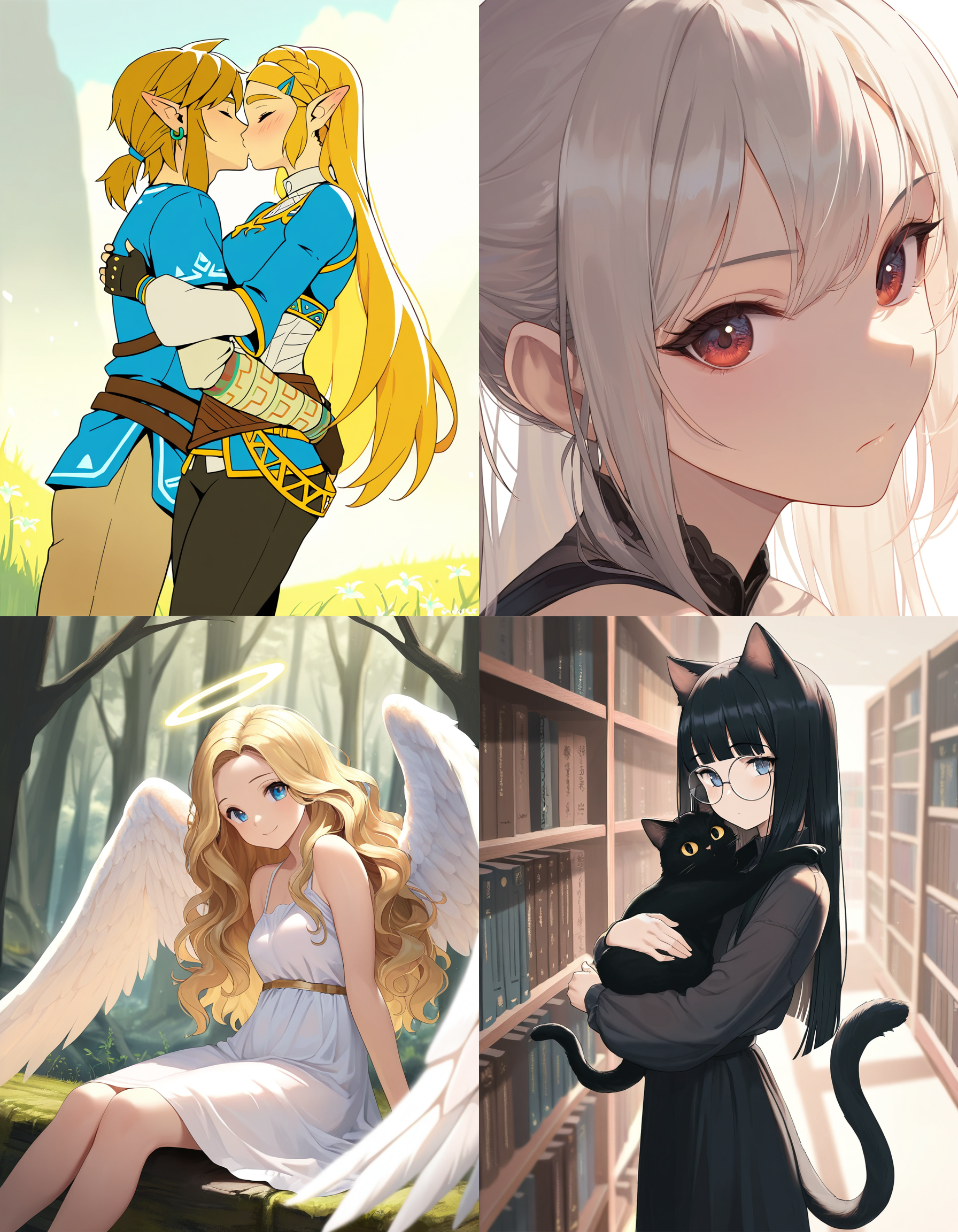 https://civitai.com/articles/8642 __ 1st image: masterpiece, best quality, 1girl, 1boy, princess zelda, the legend of zelda: breath of the wild, standing, kiss, hug, closed eyes, outdoors __ 2nd image: masterpiece, best quality, 1girl, face, portrait, looking at viewer, closed mouth __ 3rd image: masterpiece, best quality, 1girl, solo, blonde hair, wavy hair, angel, angel wings, halo, smile, sitting, forest, white dress __ 4th Image: masterpiece, best quality, 1girl, solo, long hair, black hair, blunt bangs, straight hair, round eyewear, cat girl, cat ears, cat tail, standing, hug, cat, looking at viewer, library