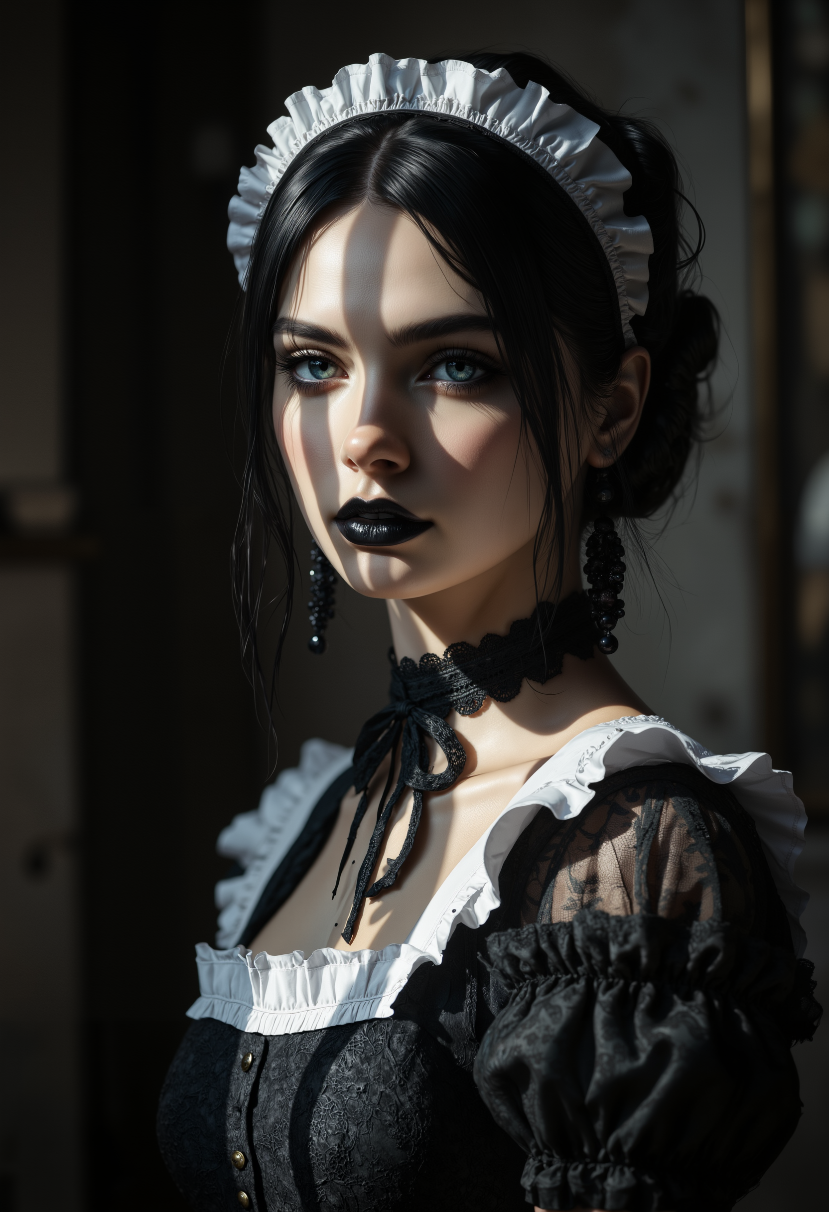 Photorealistic, photograph, front view portrait of a young goth European woman, age 18, with a delicate features, long eyelashes, black lipstick, blue eyes, black bob.
She's slim, slender, petite.
Chiaroscuro lighting. Sun light comes from the side casting sharp shadows on her face creating contrast of light hitting one side of her face
She wears a lace Jed-frmd balck and white maid dress and white frilled headgear.
Seductive, passionate, elegant expression. 
The background a victorian gothic room.
aidmaMJ6.1, in the style of Jed-clrfl