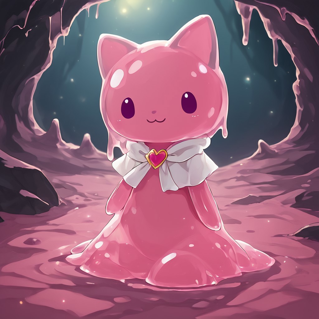In a cave showing light above,sl1m3d,slime-morph,Mymelomade out of slime, anthro, 1female,hooded capelet, pink ears,solo,smile at you on a cute way,beautiful,high-quality,