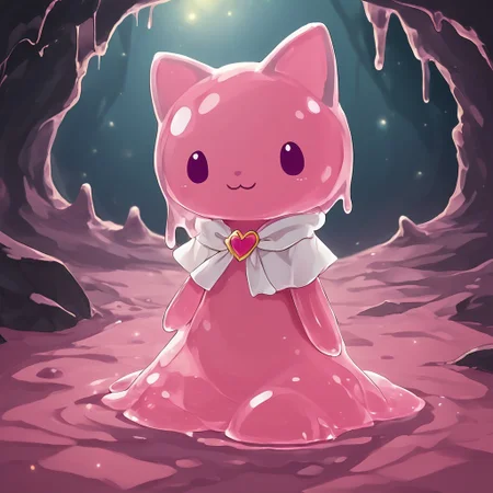 In a cave showing light above,sl1m3d,slime-morph,Mymelomade out of slime, anthro, 1female,hooded capelet, pink ears,solo,smile at you on a cute way,beautiful,high-quality,