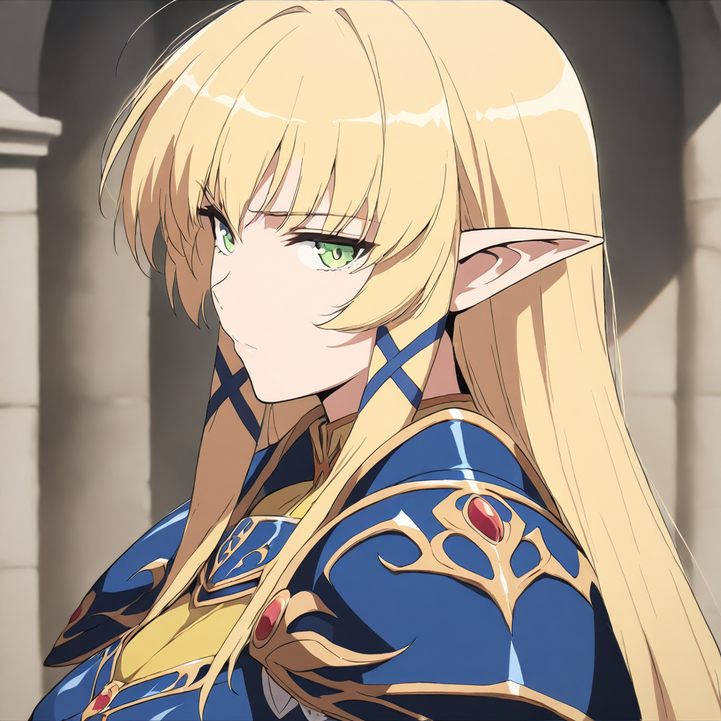 (masterpiece,high score,great score,absurdres),looking at viewer,1girl,solo,upper_body,portrait,armor,<lora:Angelica ag4o v1:1> angelica, blonde hair, pointy ears, long hair, green eyes,