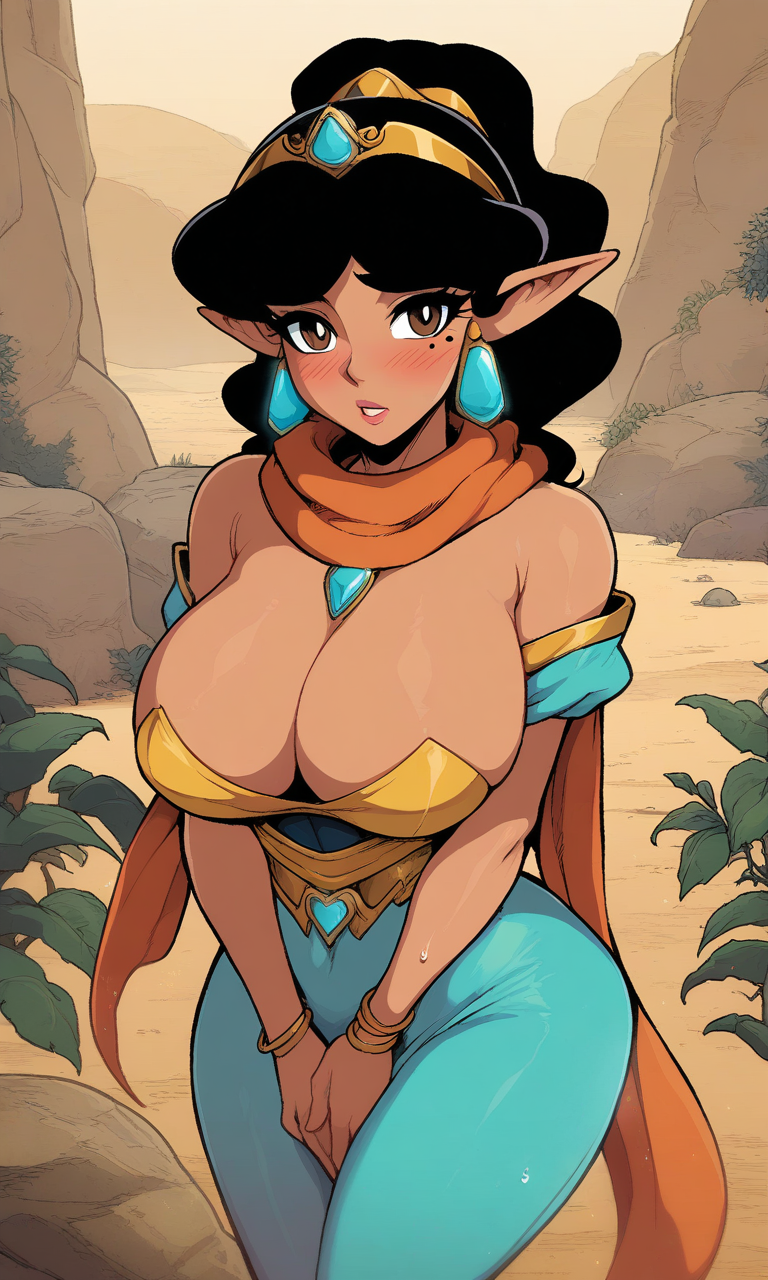 safe for work, PG13, Princess Jasmine, source_hentai, (masterpiece), (4k4bur5tyl3), retro_artstyle, hazy, sexy curvy woman, tall, small waist, wide hips, in_heat, large breasts, pointy ears, (brown eyes:1.2), dark skin, brown skin, scarf, headband, jewel, jewelry, fidgeting, cleavage, (black hair), arabian desert, sand, shrubs, rocks, sensual lighting, light particles, heavy shadows, sweaty, blushing, synthwave, neon, tron, hyper detailed, smooth, high contrast, volumetric lighting, golden ratio, vibrant rich deep color, perfect eyes, eyelashes, eyebrows, blush, looking at viewer, 1girl, solo, mole under eye, perfect hands, detailed background, bokeh