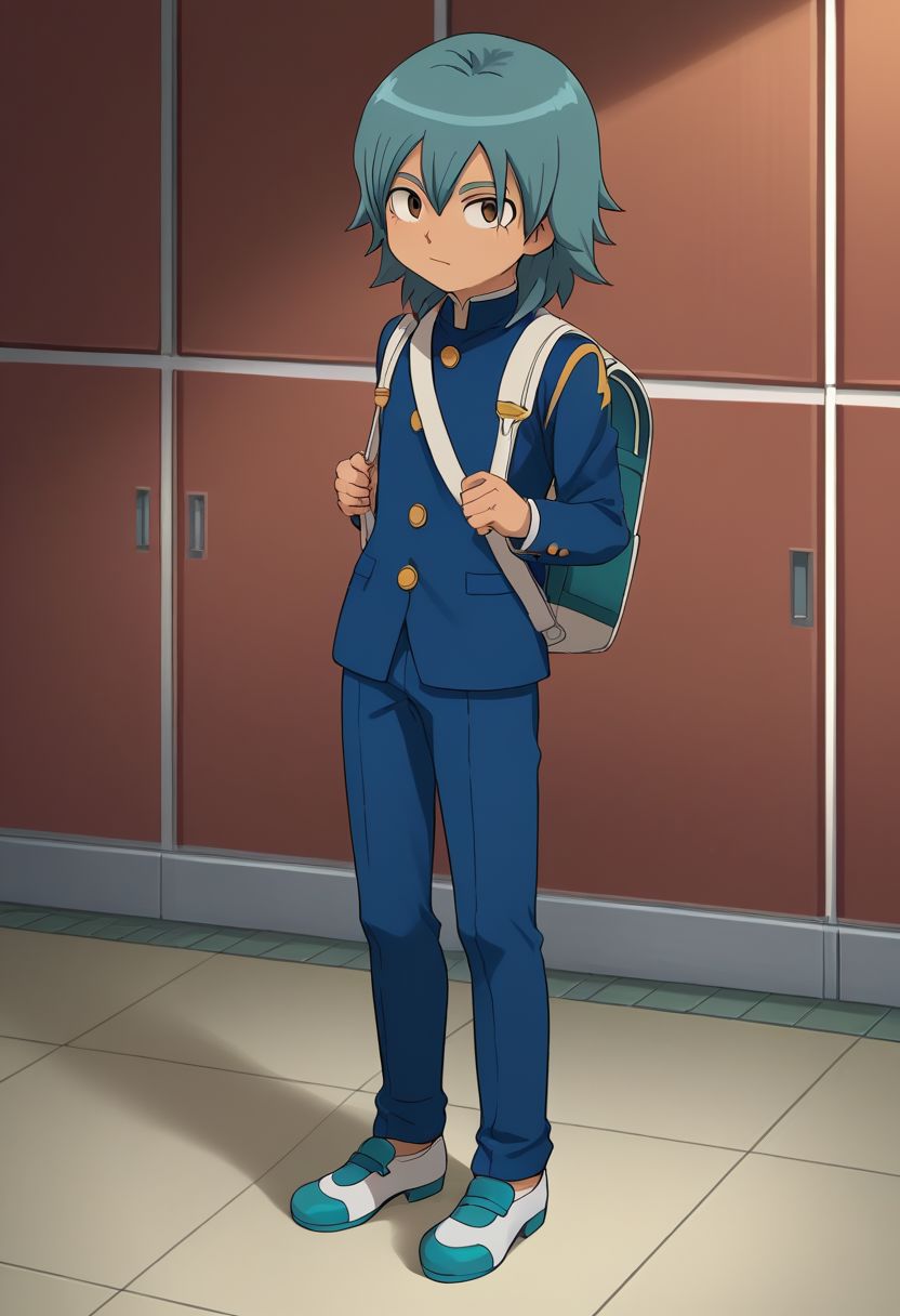 score_9, score_8_up, score_7_up, source_anime, highly detailed, 1boy, solo, male_focus, skinny, slender, cute, full body, body,
aitor_ina, male focus, 1boy,  solo, raimon, aqua hair, gakuran, school uniform, Backpack