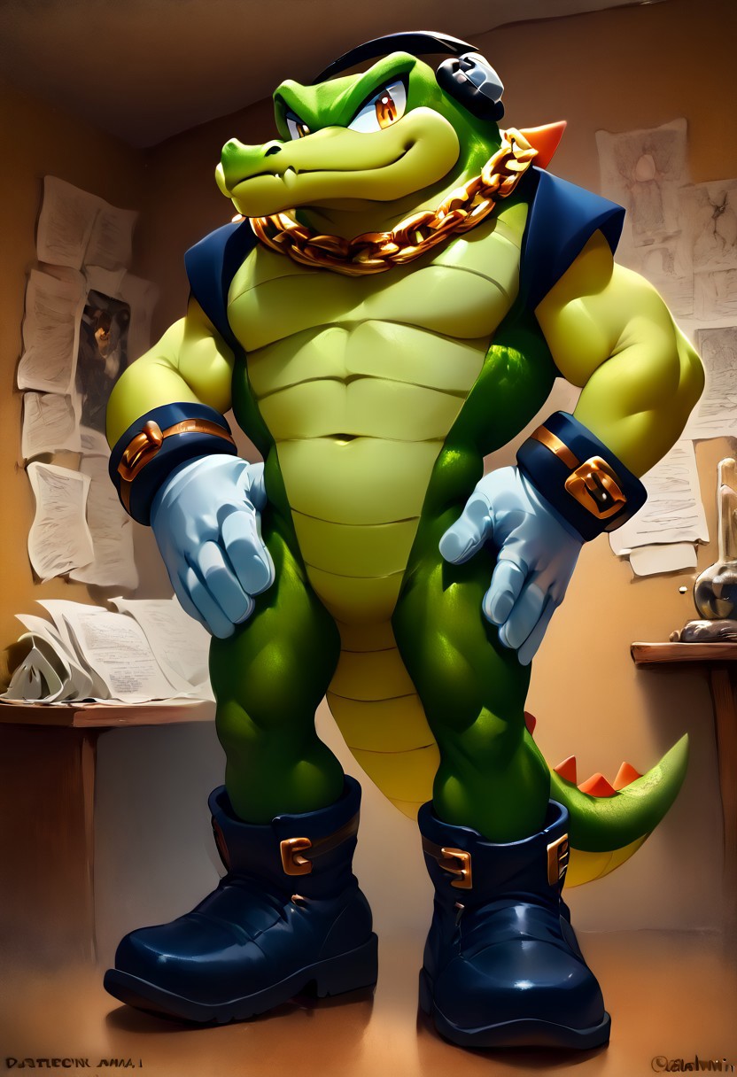 score_9, score_8_up, score_7_up, (best quality:1.1), (((ultra-detailed))), (((high resolution))), (((8k))), male, source_furry, male, solo, Vector the crocodile, headphones, gold chain necklace, white gloves, black boots,, green skin, scalie, crocodile, featureless crotch, looking at viewer, (standing, dynamic, pose, hand on hip), smiling mouth, closed mouth, 
BREAK
detective room, desktop, board, paper news, day, detailed background, interior view, by Akami Mirai