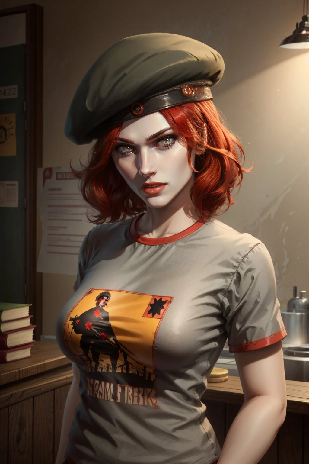<lora:damsel-10:0.6>, damselVTMB_soul3142, red hair, short hair, lipstick, grey eyes, beret, pale skin, cowboy shot, <lora:add_detail:0.5>