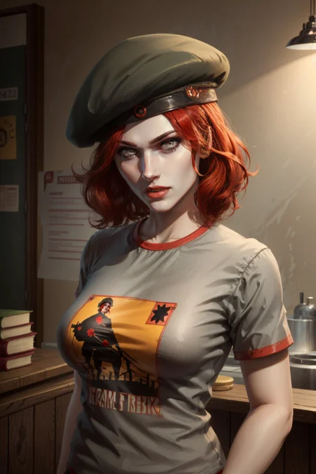 <lora:damsel-10:0.6>, damselVTMB_soul3142, red hair, short hair, lipstick, grey eyes, beret, pale skin, cowboy shot, <lora:add_detail:0.5>