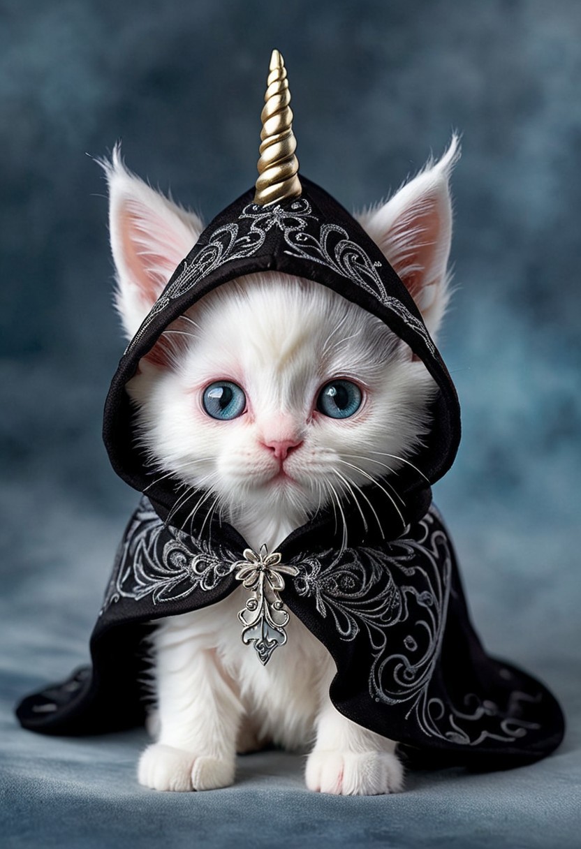 Let's delve into the realm of dark whimsy with a unique creation—a unicorn kitten draped in an eerie reaper costume. Imagine a tiny, fluffy kitten with a shimmering white coat, delicate pastel-colored horn protruding from its forehead, and bright, curious eyes peering out from beneath a hooded reaper cloak. The cloak, a deep, midnight black, billows around the kitten, its fabric adorned with intricate, ghostly patterns that glimmer in the dim light. The kitten's tiny paws extend from the cloak, each one tipped with tiny, gleaming claws that reflect a faint, ethereal glow. A sense of mystery and intrigue surrounds this tiny creature as it gazes up at you with a mix of innocence and otherworldly wisdom, a juxtaposition of the adorable and the eerie blending seamlessly in this captivating portrayal.