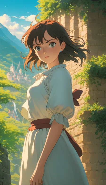 Stunning female, extremely beautiful piercing eyes, cinematic scene, hero view, action pose, scenery, detailed background, masterpiece, best quality, high quality, intricate, absurdres, very detailed, extremely high resolution, 8k, vivid, colorful, Studio Ghibli <lora:studio_ghibli_xl_v2:1>