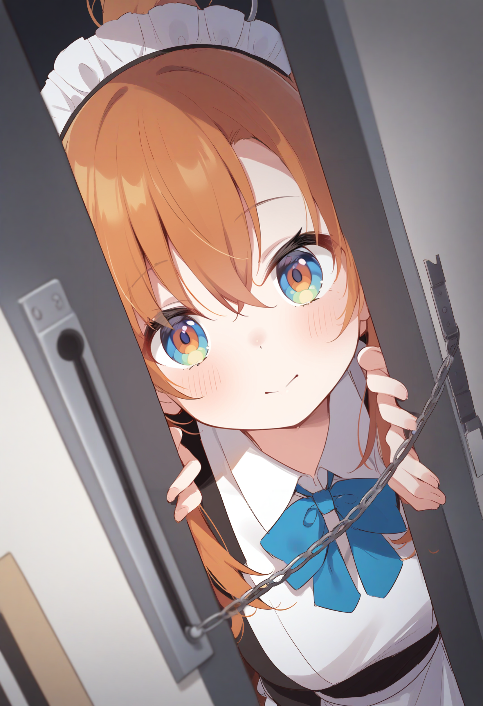 1girl,sincos, ningen mame, toosaka asagi,solo,medium breasts,20yo,maid,maid headdress,
door chain, peeking out, open door,<lora:doorchain_XL_v1:1.0>
chain, pov doorway, opening door, close-up,
from above, wide shot, looking to the side, orange hair, orange eyes,expressionless, in palace, closed mouth, high ponytail hair,,
best quality, very aesthetic, absurdres ,