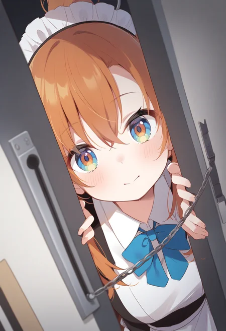 1girl,sincos, ningen mame, toosaka asagi,solo,medium breasts,20yo,maid,maid headdress,
door chain, peeking out, open door,<lora:doorchain_XL_v1:1.0>
chain, pov doorway, opening door, close-up,
from above, wide shot, looking to the side, orange hair, orange eyes,expressionless, in palace, closed mouth, high ponytail hair,,
best quality, very aesthetic, absurdres ,