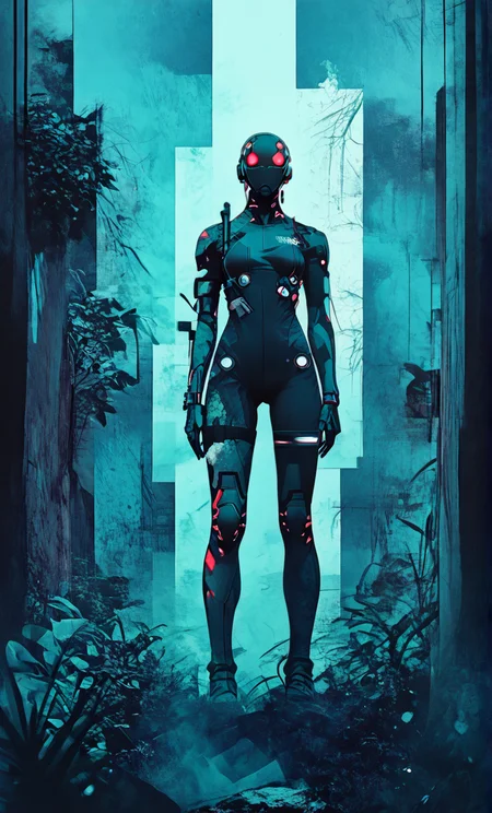 score_9, score_8_up, score_7_up, (composition has large geometric anomalies in the background with a red and white color theme), extremally detailed and hyper-realistic cyberpunk ilustration of close up of beautiful bluebot cyborg girl, hiding in jungle during brutal total war with her heavy gun in hands. orange and black robotic body suit. sci fi theme, best quality, soft light, sharp shadows, anime ink lines, full body shot, ((from below)), inspired by metal gear solid, standing with her back facing the viewer, strange mechanics tendrils moving across her body,
<lora:comicbookpage style:0.9> <lora:g4n1m3XLP:0.4> <lora:Cyberpunk _Anime_V2_light_version-SDXL:1> <lora:Sinozick_Style_XL_Pony:0.6> <lora:100_nvcmsdx_a:2.5>
<lora:add-detail-xl:2> zPDXL3 <lora:S1_Dramatic_Lighting_v2:0.6>