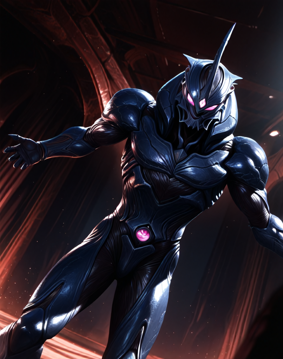 perfect depth of field shot, masterpiece, beautiful, sharp focus, crisp details,
<lora:Dark_Hero_(Guyver)_(Illustrious)_(AD):1.0> Dark_Hero, Guyver, bioboosted armor, 
exterior, science fiction, high science fiction, action anime style background, dark spaceship interior, 
dynamic action, dynamic perspective, dutch angle, bent knee, cowboy shot,
male focus, gradient style anime coloring, strong, fighting scene, solo, 
EZRealPONYXL, zPDXL, Smooth Quality, lazynsfw,