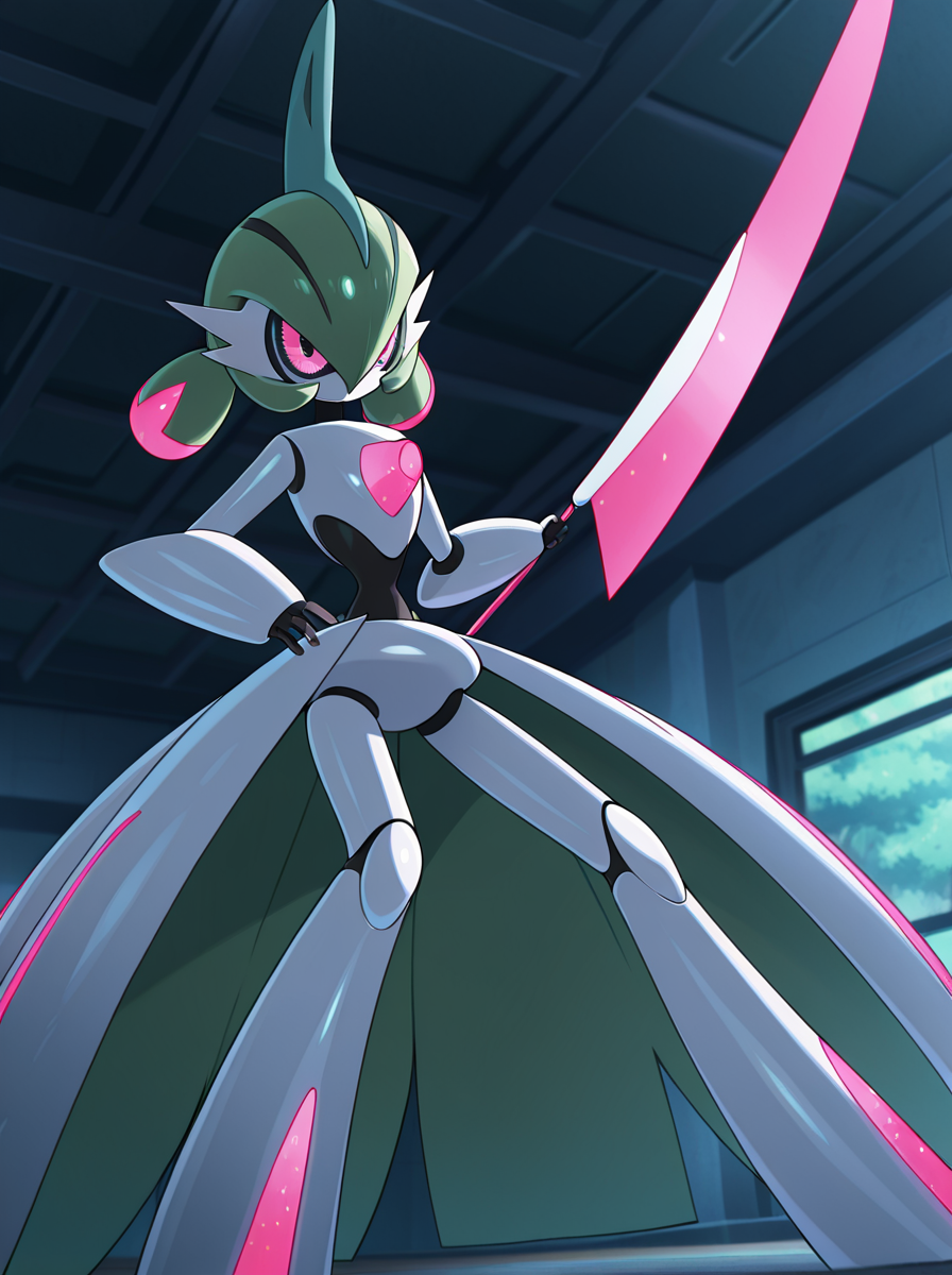 masterpiece, best quality, amazing quality, very aesthetic, absurdres, newest  anime screenshot,  anime coloring,  <lora:ironvalinatillust:1>green hair, ironvaliantillust, pokemon (creature), colored skin,, white skin, pink eyes, humanoid robot,   ironvaliantweapon fighting stance, solo 1girl