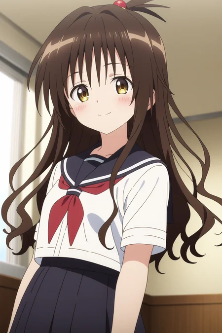 1girl, yuuki mikan, brown hair, yellow eyes, hair ornaments, long hair, topknot, wavy hair, small breasts, anime coloring, smiling, blush, looking at viewer, cowboy shot, school uniform,
masterpiece, best quality, very aesthetic, absurdres, <lora:Yuuki_Mikan_v1_Pony:1>