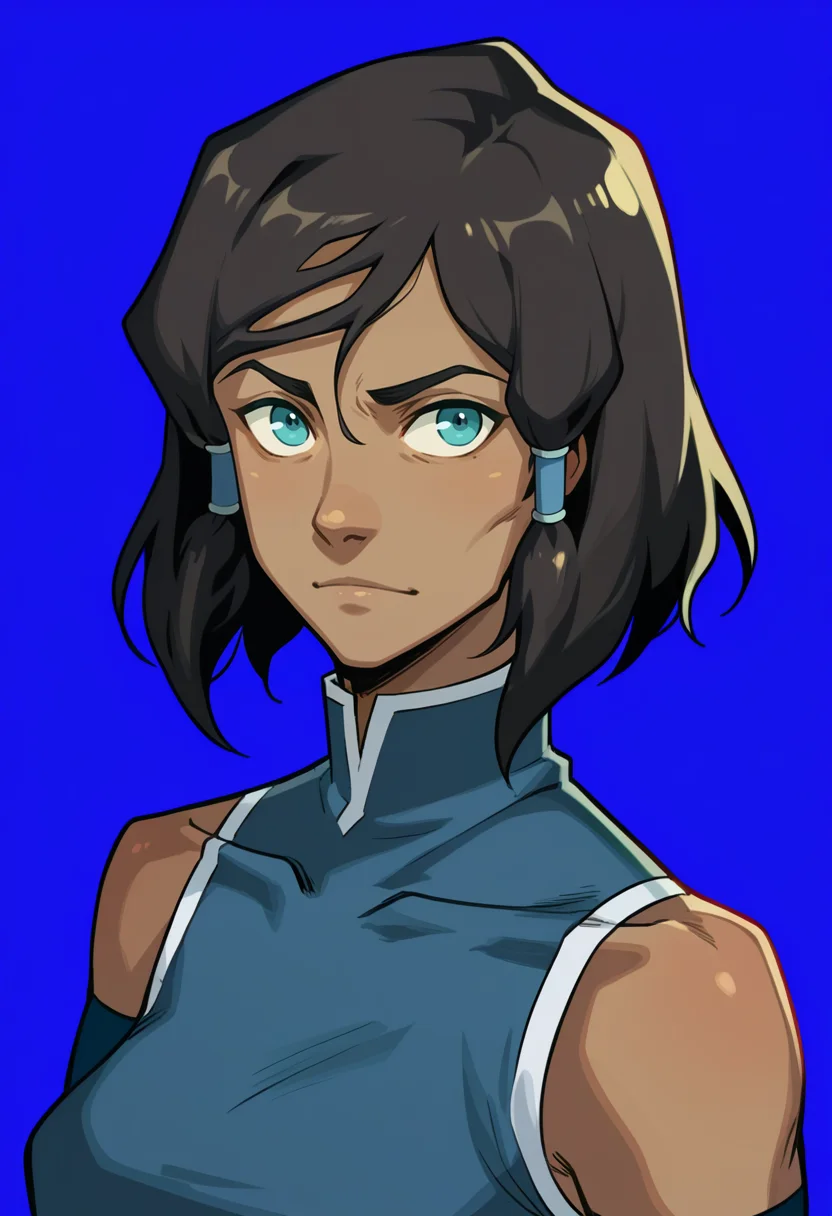score_9, score_8_up, score_7_up, BREAK <lora:hades-guy-PONYv1:1>, shadow, portrait, 1girl, solo, korra, medium hair, dark skin, blue background, turtleneck,