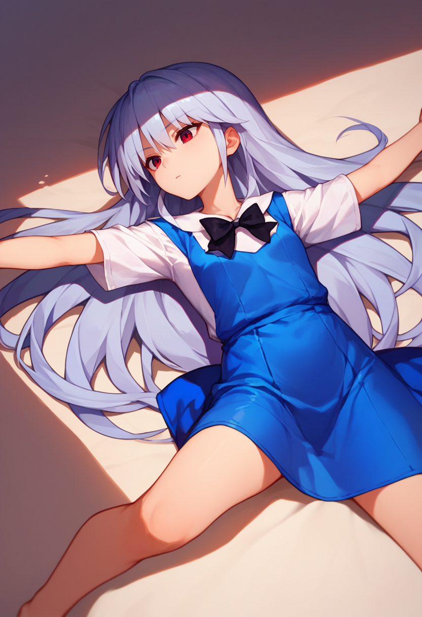 score_9, score_8_up, score_7_up,  1girl,  Kazuki, silver hair, long hair, red eyes, white shirt, blue dress, black bow,  on back, outstretched arms,      <lora:Kazuki Dora V2-000008:1>