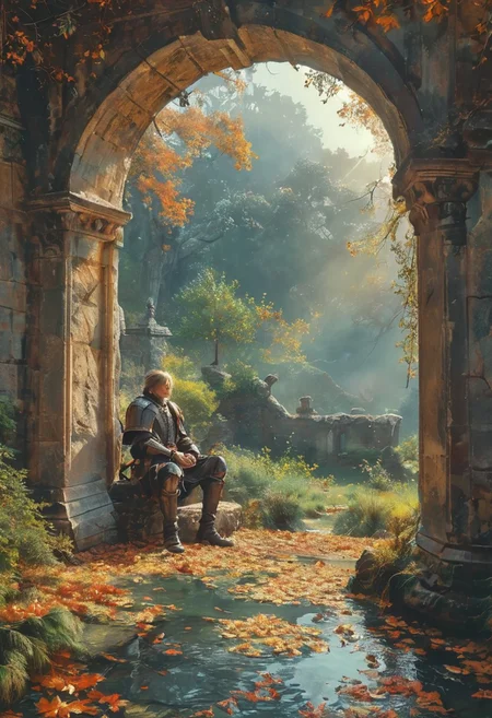 in the soft light of twilight, mystical atmosphere, dark clouds and rising mist, view at a forest clearing from within an ancient stone pavilion, through a wide archway, a grand pine tree with emerald needles casting long shadows, autumn leaves scattered around and drifting in the clearing, a crestfallen medieval knight in rustic armor sitting beneath the tree, romantic impressionism, enchanting scenery art, beautiful oil matte painting, romantic, beautiful digital painting, anime landscape
, romantic painting, droneamlike digital painting, colorful painting, thick brushstrokes characteristic, rough stroke, beautiful gorgeous digital art, style Karol Bok, Brian Froud, Wendy Froud, Guy Davis, Sergio Sandoval