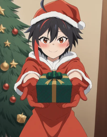 score_9, score_8_up, score_7_up, source_anime, <lora:maou2099-takahashi-s1-ponyxl-lora-nochekaiser:1>, maou2099 takahashi, short hair, black hair, brown eyes, ahoge, red hair, multicolored hair, streaked hair, mature female, small breasts, anime screencap,, <lora:santa-costume-ponyxl-lora-nochekaiser:1>, santa costume, santa hat, christmas, sack, merry christmas, gift, fur-trimmed headwear, holding sack, santa dress, fur-trimmed dress, christmas tree, christmas tree, fur trim, red capelet, gift box, red gloves, fur-trimmed capelet, santa gloves, red hat, hat,, smile, blush, looking at viewer, <lora:incoming-gift-ponyxl-lora-nochekaiser:1>, incoming gift, outstretched arms, holding, holding gift, gift, gift box,, , dutch angle, cowboy shot