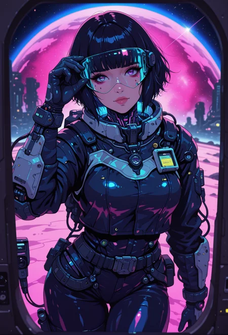 <lora:ck-nc-cyberpunk-IL-000011:0.35>,  masterpiece, best quality, good quality, very aesthetic, absurdres, newest, 8K, depth of field, focused subject, a cyberpunk humanoid woman, shiny reflective glas mask, intricate shiny mechanical neon color high tech components visible on her space suit, neonpunk, looking mysteriously at the camera, direct eye contact. a scanner scans the viewer, jjabrams lens flare, light effects, hunter, dutch angle shot. floating in a space nebula,
in the style of cknc, in the style of ck-rw
<lora:MoriiMee_Gothic_Niji_Style_Illustrious_r1:0.5>
<lora:ck-neon-retrowave-IL:0.55>
<lora:ck-shadow-circuit-IL:0.65>