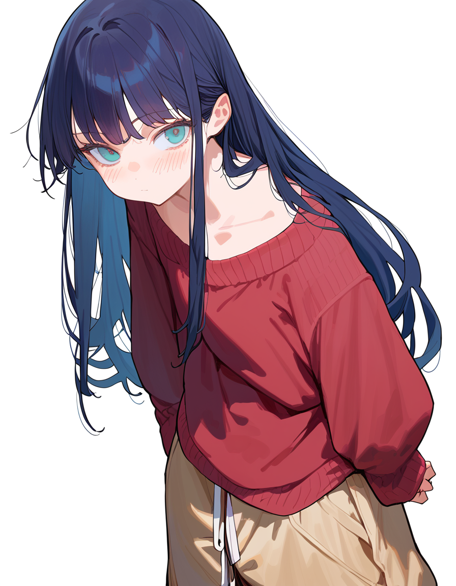 score_9, score_8_up, score_7_up, 1girl, blush, long hair, black hair, looking at viewer, arms at sides, baggy pants, simple background, cowboy shot, closed mouth, long sleeves, sweater, film grain, <lora:tsunePony:1>
