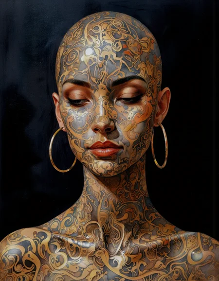 Close up portrait.
This is a highly detailed, surrealistic watercolor painting of a close-up of a person's upper torso and head. The subject is a bald woman with dark skin, adorned with intricate, tribal-style tattoos that cover her entire face and chest. The tattoos are done in a gold and black color scheme, with elaborate patterns and geometric designs that include symmetrical swirls, triangles, and abstract shapes. The woman's facial features are barely discernible due to the extensive tattooing, which extends from her forehead, around her eyes, and down to her lips. Her eyes are closed, and her expression is calm and serene. She wears large gold hoop earrings and has a slight smile, adding a subtle, serene expression to her face. The background is completely black, which contrasts sharply with the gold and black tattoos, making them stand out prominently. The lighting is soft and diffused, highlighting the smooth texture of the skin and the intricate details of the tattoos. The overall style of the artwork is contemporary and abstract, with a strong emphasis on geometric patterns and bold, contrasting colors.