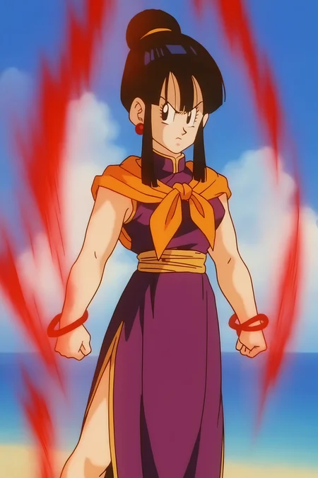 source_anime, score_9, score_8_up, score_7_up, anime screencap, absurdres,
chi-chi, DBZ, kaioken, main outfit, bare arms, (bare legs), 1990s \(style\), anime coloring, retro artstyle, 1girl, solo, looking at viewer, bangs, black hair, purple dress, closed mouth, standing, sidelocks, outdoors, sky, sleeveless, day, single hair bun, cloud, hair bun, black eyes, bracelet, blue sky, arms by side, ocean, chinese clothes, cloudy sky, clenched hands, serious, arms at sides, horizon, aura, orange neckerchief, cowboy shot, red bracelet, yellow sash, eyelashes
 <lora:chichi_v1:0.8>