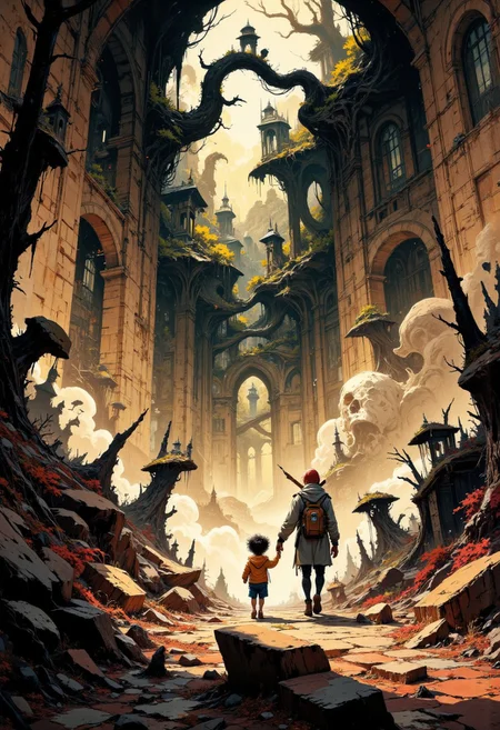 Create a beautifully detailed sketch capturing a fantastical world infused with nostalgia and shadowy intrigue. The style features clean, confident outlines with soft watercolor washes, balancing warmth and accessibility with intricate detail. The palette contrasts muted tones—warm ochres, soft reds, creamy whites—with stark, inky blacks, creating a dramatic interplay of light and shadow that evokes both innocence and mystery. The atmosphere blends vintage children’s book charm with an eerie undertone, as if balanced between reality and a shadowy dreamscape.
Characters should have naturalistic proportions and subtle expressiveness, their features gently exaggerated to reflect curiosity, resilience, or vulnerability. Dynamic shadow puppet figures may emerge in the background, their silhouettes adding to the narrative and reinforcing the duality of light and shadow. The focus will be on a specific subject—From a bird’s-eye view, Henry walks a winding path through a vast landscape of glowing light and shifting shadows. Below, shadow puppets writhe like a living map, their intricate forms sprawling across the ground, creating a hauntingly beautiful contrast of light and dark—carefully integrated into the scene. The composition is grounded yet surreal, seamlessly merging whimsical simplicity with haunting, thought-provoking detail to invite wonder and introspection.