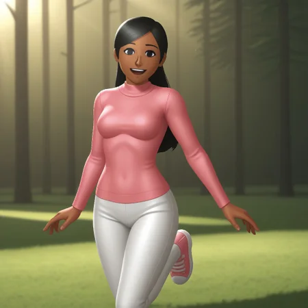 score_9, score_8, BREAK, solo, wii, mii, wii sports, 1girl, female mii, black eyes, black hair, black eyebrows, dark skin, open mouth, pink clothing, white pants, sneakers, nintendo mii, modern_mii, classic_mii, breasts, sakura_(wii_sports), cute, sexy pose, smile, outdoors, sunlight, shadows, evening lighting, natural lighting, forest, trees, grass, orange sky, sunset