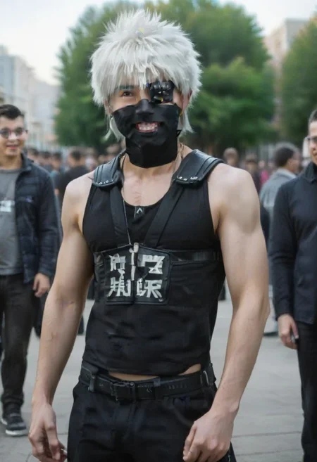 ((masterpiece)), ((best quality)), ((ultra-detailed)), ((absurdres)), score_9_up, score_8_up, score_7_up,
HD, top quality, best quality, amazing quality, High-quality illustrations, best aesthetic, perfect proportions, perfect eyes, 1boy, 1male, solo boy, solo male, male focus, solo male focus, real, photorealistic, extreme realistic, real human, human boy, human male, real boy, handsome, attractive, cute, charming, sexy, hot, ((tall, tall body, tall height)), ((lean body, slim body)), ((posing for camera)), ((front view, front shot, facing front, looking at viewer)), ((public place, anime convention, cosplay convention, public event)), ((surrounded by multiple people, many audience, many visitors)), ((center of attention, many people looking)), Male Cosplayer, cosplay costume, cosplay wig, colored contact lenses, ken_kaneki, eyepatch, mask, mouth mask, teeth, white hair, grey eyes, short hair, bangs, black outfit, sleeveless, big chest