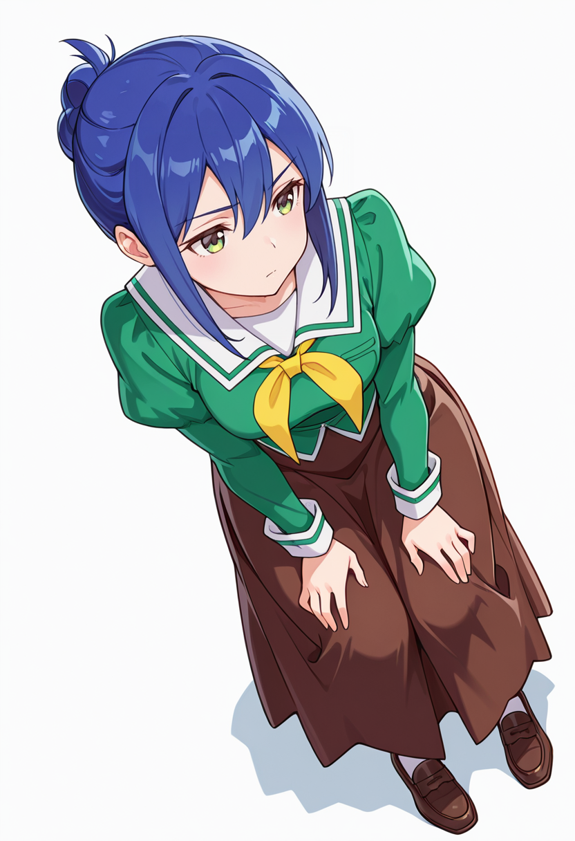 masterpiece,high quality details,
 <lora:Mamiya_Kanoko:0.8>
kanoko_cnr, 1girl, blue hair, green eyes, hair between eyes, sidelocks, single hair bun,
kanoko_s1,school uniform, green shirt,white sailor collar, serafuku, puffy sleeves, juliet sleeves, shirt,long skirt, green dress, loafers, brown skirt,, simple background, white background, dynamic angle,solo,, d:,, hands on knees,joyful expression,serious,