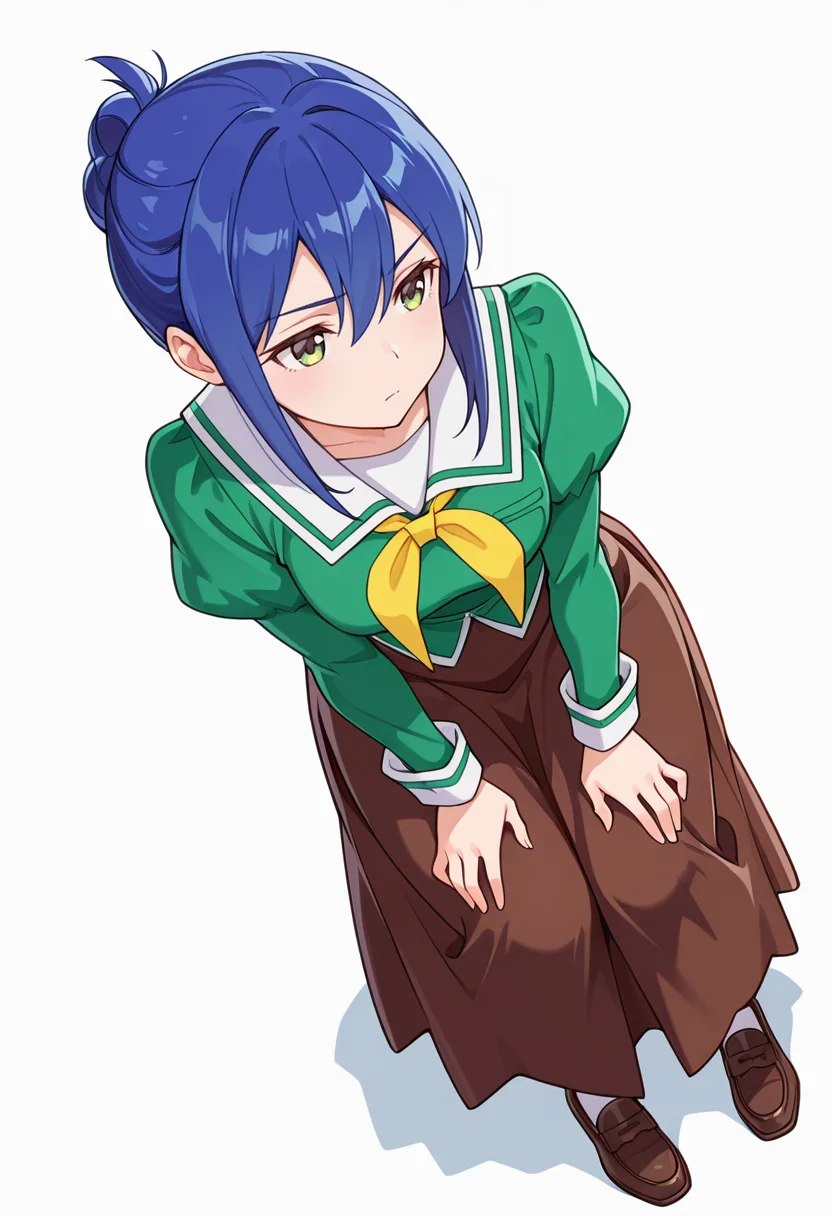 masterpiece,high quality details,
<lora:Mamiya_Kanoko:0.8>
kanoko_cnr, 1girl, blue hair, green eyes, hair between eyes, sidelocks, single hair bun,
kanoko_s1,school uniform, green shirt,white sailor collar, serafuku, puffy sleeves, juliet sleeves, shirt,long skirt, green dress, loafers, brown skirt,, simple background, white background, dynamic angle,solo,, d:,, hands on knees,joyful expression,serious,