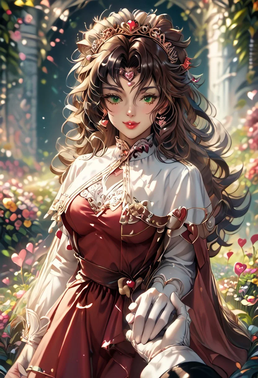 zPDXLxxx ((score_9, score_8_up, score_7_up)), masterpiece, perfect anatomy, perfect face, 1girl, solo, roguexmxl, valentinenaturestyle BREAK green eyes, lipstick, brown hair, two-tone hair, white hair, long hair, messy hair, big breasts BREAK red dress, love dress, elbow gloves, white gloves, heart choker, looking at viewer, tiara, holding hands, solo focus, pov hands, out of frame, happy, smile, closed eyes BREAK indoors, valentine decorations