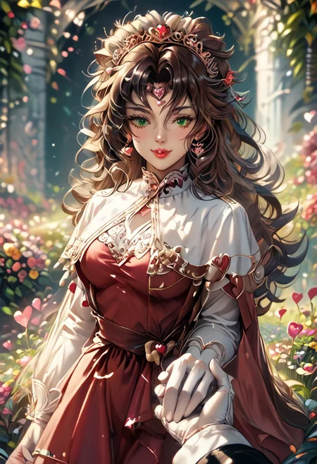 zPDXLxxx ((score_9, score_8_up, score_7_up)), masterpiece, perfect anatomy, perfect face, 1girl, solo, roguexmxl, valentinenaturestyle BREAK green eyes, lipstick, brown hair, two-tone hair, white hair, long hair, messy hair, big breasts BREAK red dress, love dress, elbow gloves, white gloves, heart choker, looking at viewer, tiara, holding hands, solo focus, pov hands, out of frame, happy, smile, closed eyes BREAK indoors, valentine decorations