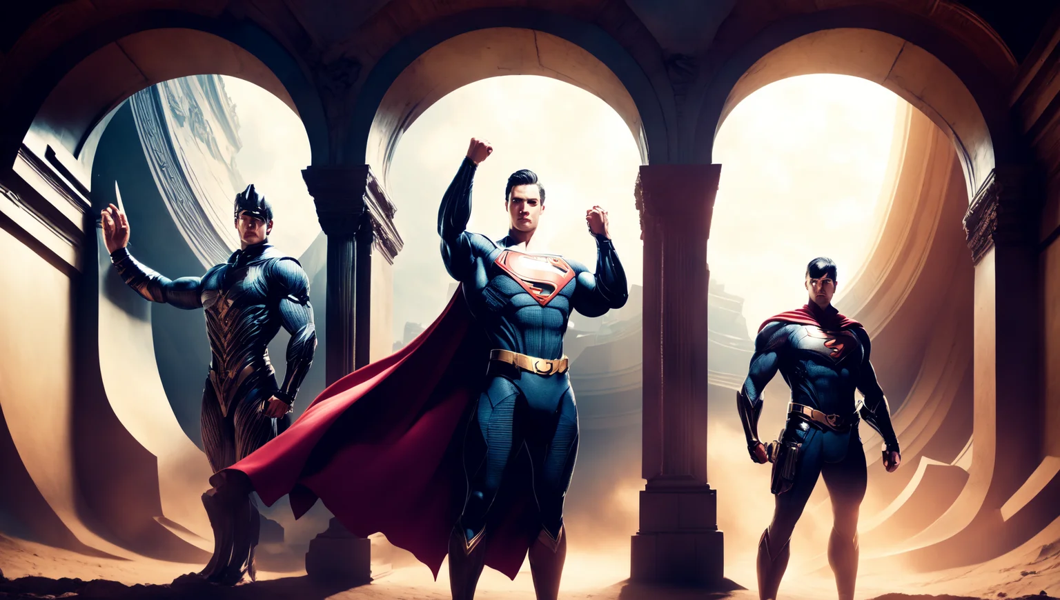 photo, superman (thnos:0.5) standing in front of, a tunnel (BaroqueWarrior style:1) (ToweringPortal style:0.8) <lora:djzToweringPortalV21:0.8>  <lora:thanos1521768Lora_sd21768:0.4>