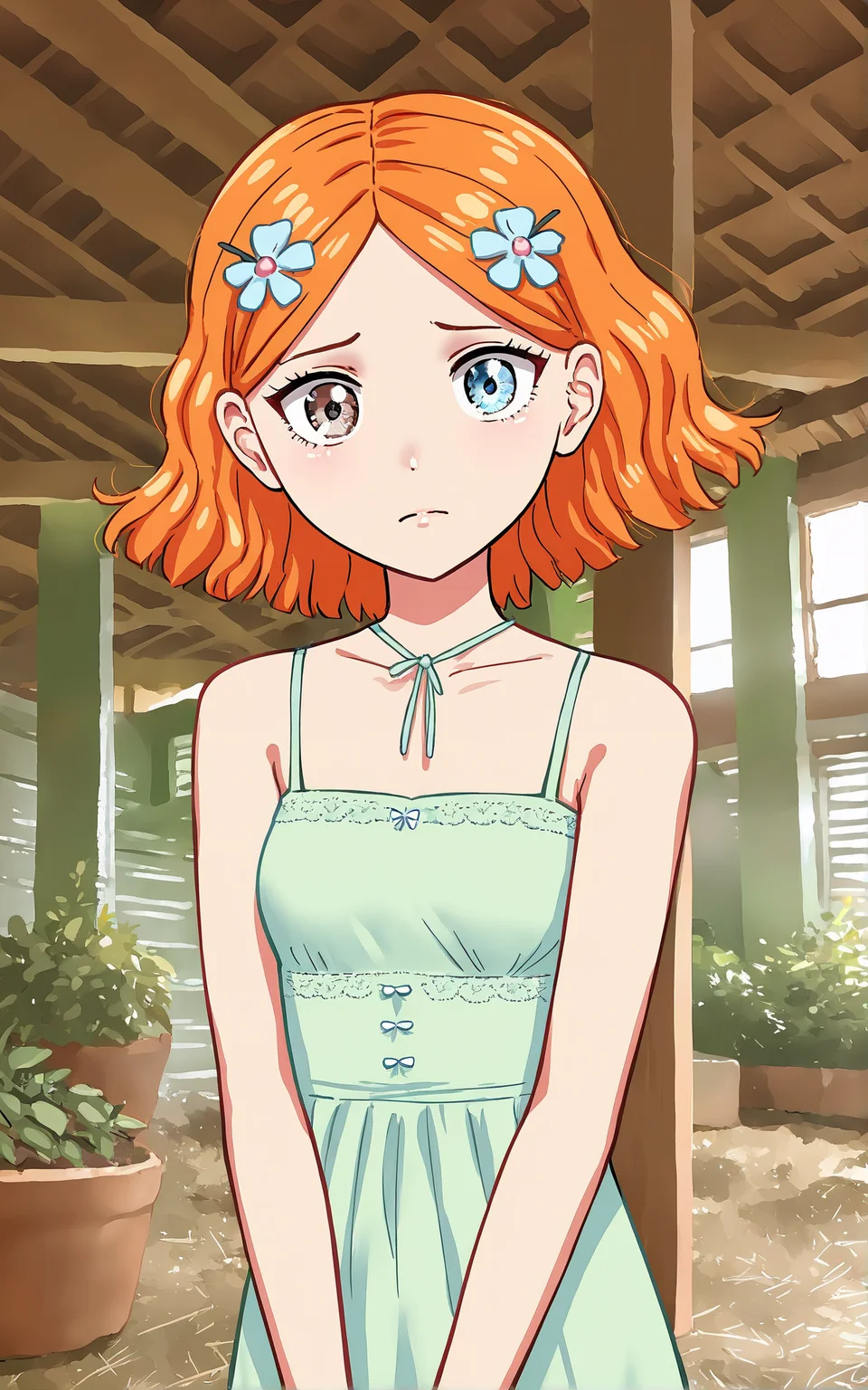 score_9_up, source_cartoon, suzieq, 1girl, orange hair, solo. hair ornament, flower, hair flower, short hair, blue eyes,heterochromia, hairclip, portrait. looking at viewer. sad. indoors. garden. green house.
