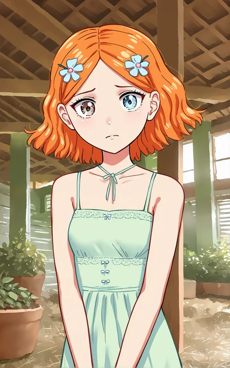 score_9_up, source_cartoon, suzieq, 1girl, orange hair, solo. hair ornament, flower, hair flower, short hair, blue eyes,heterochromia, hairclip, portrait. looking at viewer. sad. indoors. garden. green house.