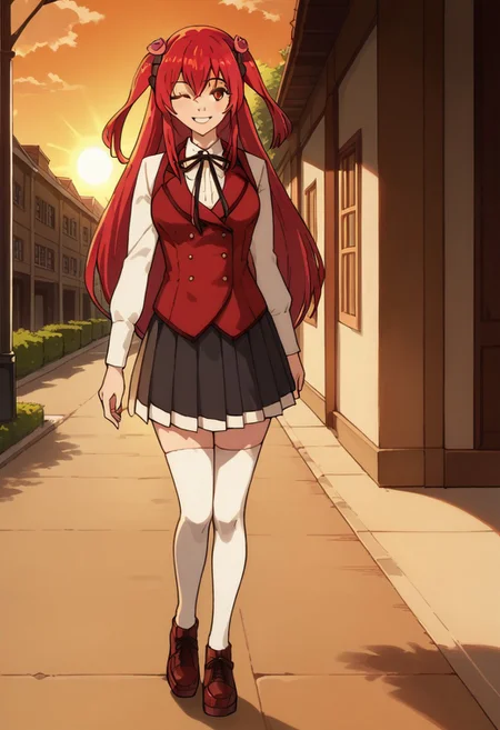 score_9, score_8_up, score_7_up, score_6_up, source_anime, anime coloring, smile, full body, <lora:Amelia_Rose:1> amelia_rose, red hair, solo, red eyes, school uniform, white thighhighs,
walking by the street of small village, 3/4 side view, wide smile, winking, looking at viewer, full body view, close view, sexy pose, beautiful background, sun rays