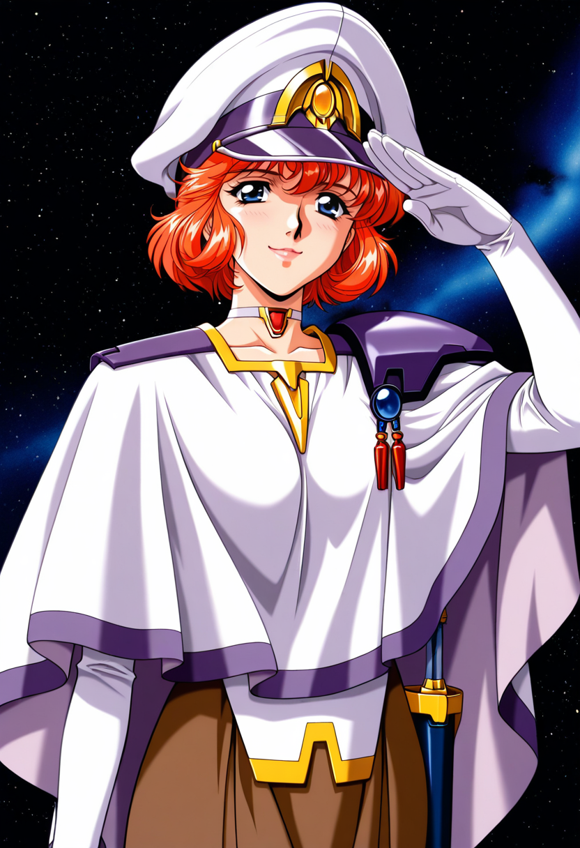 masterpiece,best quality,amazing quality, 
 1girl, solo,
srw_lefina, red hair, orange hair, fluffy hair, short hair, blue eyes, lips, peaked cap, choker, military uniform, cloak, white cloak, tassels, gloves, white gloves, scabbard, long skirt, brown skirt,  
space, 1990s \(style\), looking at viewer, salute, smile, cowboy shot,