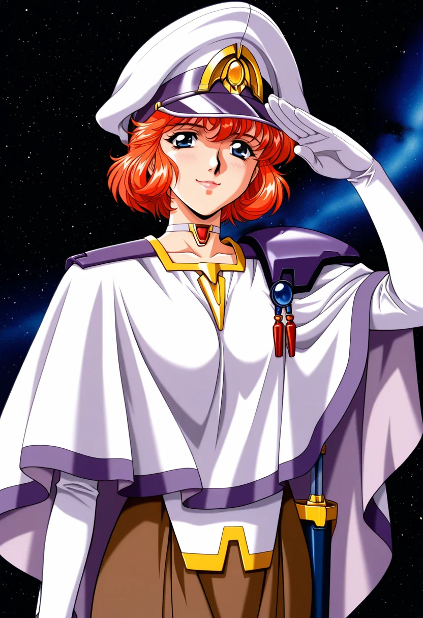 masterpiece,best quality,amazing quality, 
 1girl, solo,
srw_lefina, red hair, orange hair, fluffy hair, short hair, blue eyes, lips, peaked cap, choker, military uniform, cloak, white cloak, tassels, gloves, white gloves, scabbard, long skirt, brown skirt,  
space, 1990s \(style\), looking at viewer, salute, smile, cowboy shot,