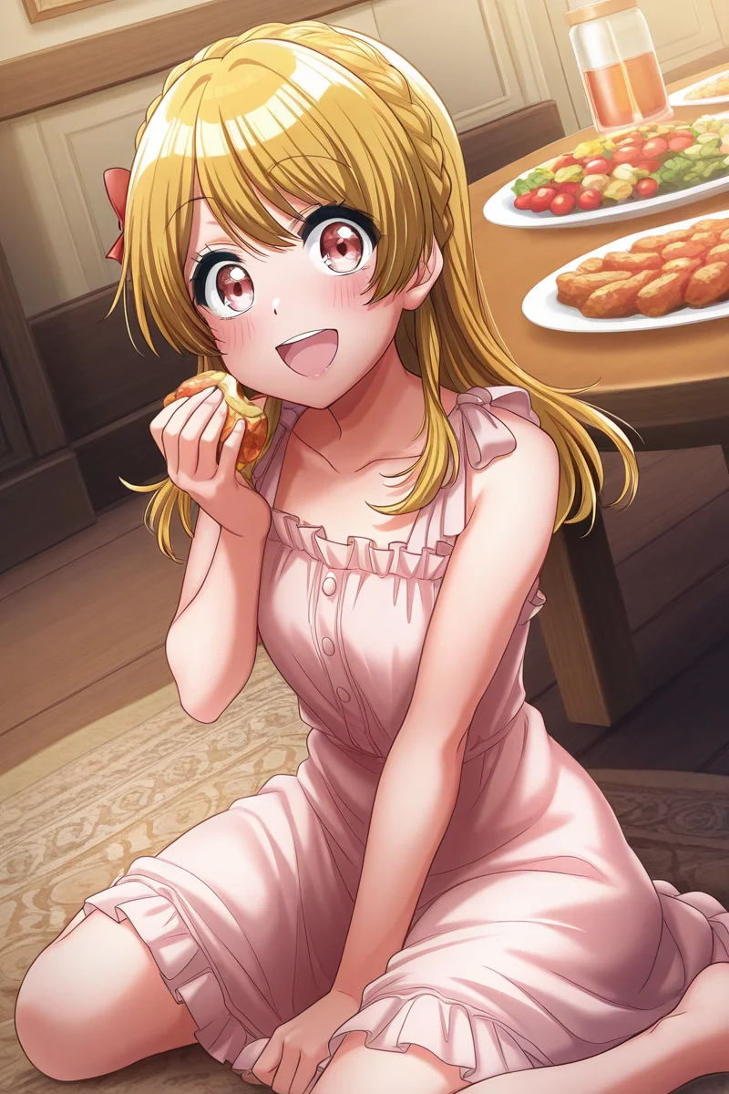 masterpiece, best quality, amazing quality,
<lora:RinkuV2_IL:1> rinku, 1girl, blonde hair, food, solo, long hair, sitting, smile, wariza, open mouth, holding, holding food, dress, looking at viewer, table, indoors