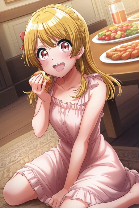 masterpiece, best quality, amazing quality,
 <lora:RinkuV2_IL:1> rinku, 1girl, blonde hair, food, solo, long hair, sitting, smile, wariza, open mouth, holding, holding food, dress, looking at viewer, table, indoors