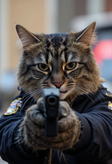 a fluffy, medium-sized cat named Allie with a mottled coat featuring dark brown and black tabby stripes aiming a matte black G17Model glock pistol gripped in it's gloved hands, wearing a policeman's uniform with a cap, with a grim expression on it's face