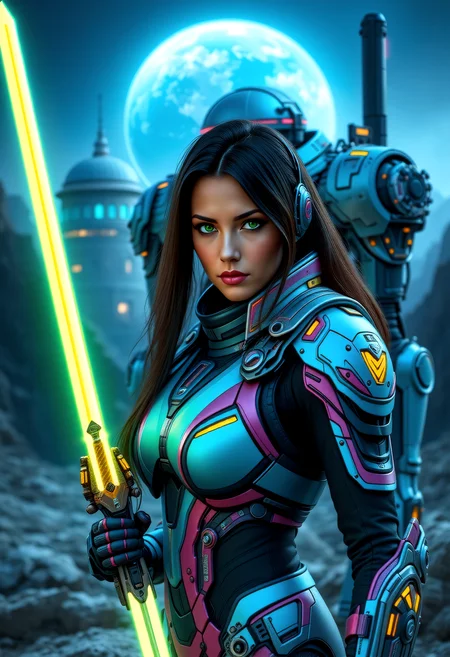 a futuristic lunar colony overlooking Earth, a fierce warrior stands ready for battle. Her medium build, dark hair, and green eyes exude a sense of determination. Dressed in a Synth-Leather satin pink and satin baby blue power armor Tactical Suit with satin yellow highlights, a futuristic bodysuit designed for urban operation. The connects to her cybernetic enhancements. Segmented carbon-fiber panels reinforce her shoulders, chest, and forearms, providing protection without compromising style. She wields a plasma longsword. Behind her a heavy mech with MechArmor, stands tall, its bulkiness a testament to the strength and versatility of the colony. The colony's domes, shimmering above the Earth's glow, provide a breathtaking backdrop, while the grey lunar landscape and mining rigs add a sense of isolation. This scene, with its off-center composition and extreme close-up on Rina's facial details, captures the essence of a futuristic warrior, showing the fusion of technology and the mysteries of the lunar colony. <lora:scifi/fluxPunk_v11:0.8> <lora:scifi/RM MechArmor v0.9M.safetensors:0.7>, <lora:art and styles/MysticFantasy.safetensors:1.0>, <lora:flux/flux_realism_lora.safetensors:1.0>,