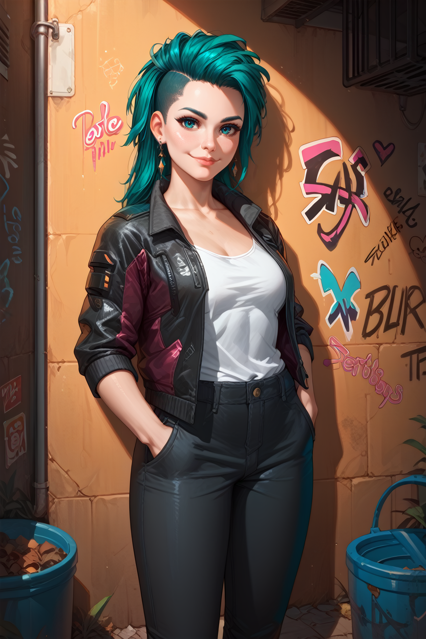 score_9, score_8_up, score_7_up, score_6_up
<lora:CyberRogueYoung:0.8>
CyberRogueYoung, 1girl, aqua hair, asymmetrical hair, looking at viewer, playful smile, standing, hands in pockets, leaning against wall, graffiti-covered alley, evening light, vibrant colors