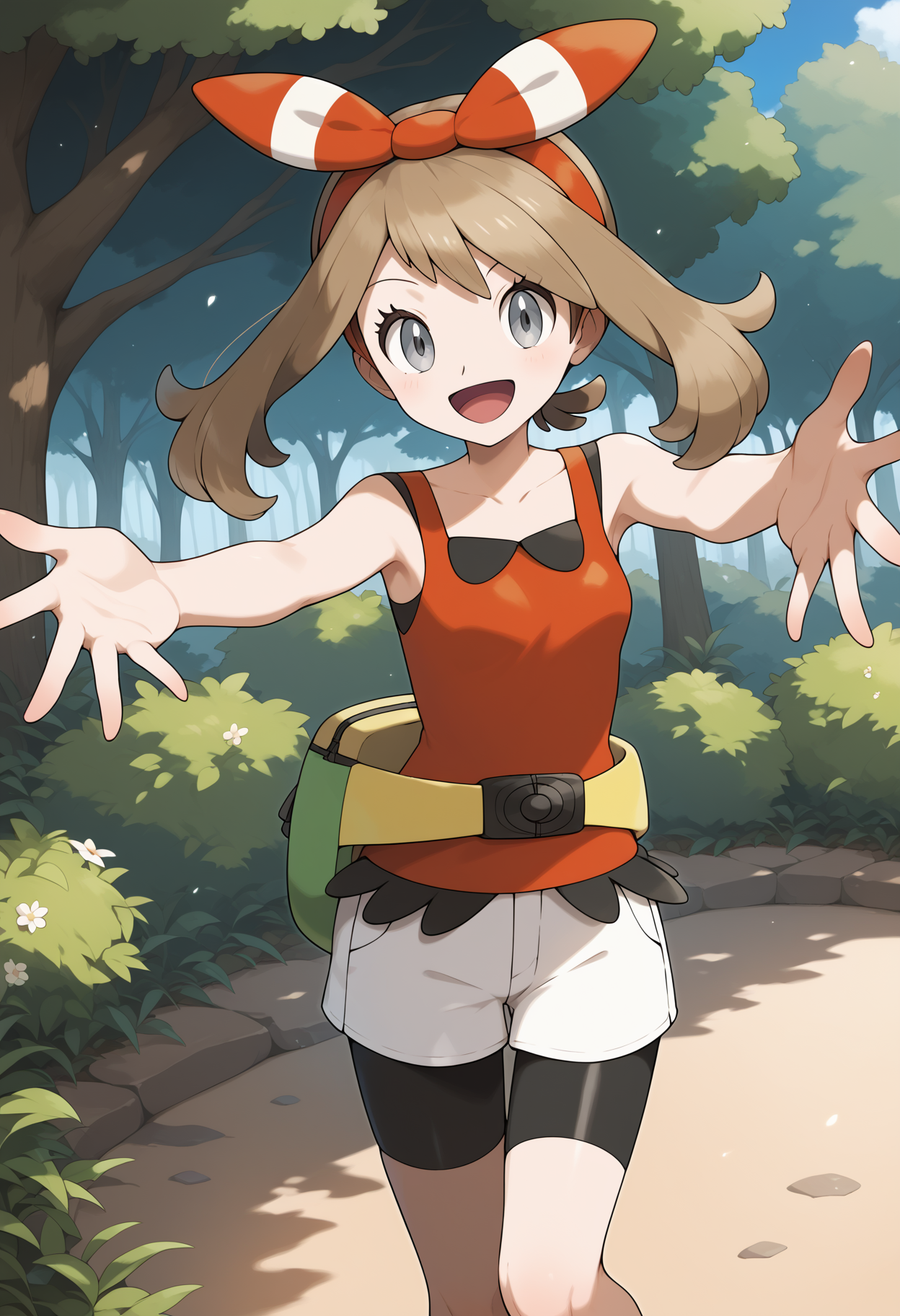 score_9, score_8_up, score_7_up, score_6_up, score_5_up, score_4_up, source_anime, aamay, brown hair, bow hairband, red hairband, grey eyes, breasts, collarbone, tank top, sleeveless shirt, red shirt, fanny pack, yellow belt, white shorts, bike shorts under shorts, bike shorts, <lora:may_(pokemon)_ponyxl_v1:0.9>, outdoors, park, standing, cowboy shot, smile, open mouth, reaching,