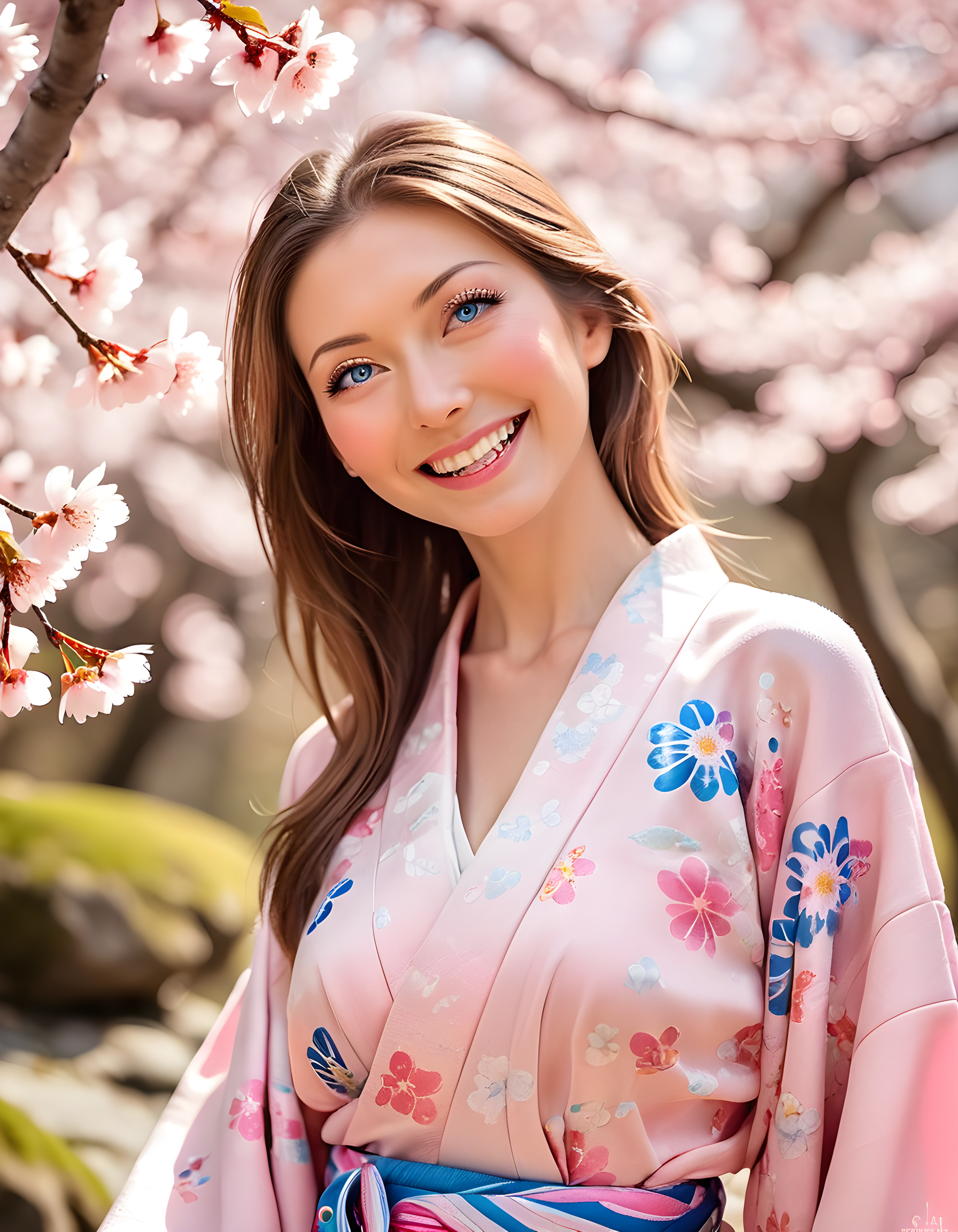 Amidst the vibrant, blooming cherry blossom trees of a tranquil Japanese garden, Kemkin, a radiant woman with sparkling blue eyes, flashes a captivating smile, her teeth gleaming under the soft, warm morning sunlight. Her outfit is an elegant kimono in shades of pink and white, perfectly complementing the surrounding blossoms. She poses gracefully, her hand casually placed on her chest, gazing directly at the viewer with a hint of playful mischief, all captured in a close-up, realistic portrait that encapsulates the serene beauty of the moment.