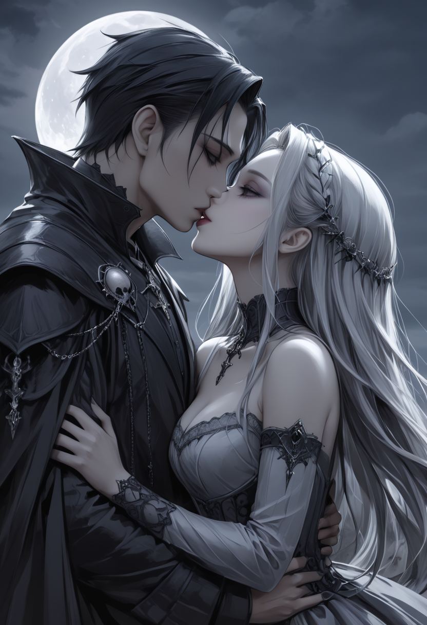 a anime like woman and man kissing each other by moonlight, dark fantasy art, gothic, desaturated colors, illustration, oil paint, digital painting, masterpiece artwork, mobe-godeen <lora:GothicDetailEnhancerV1:0.5>,