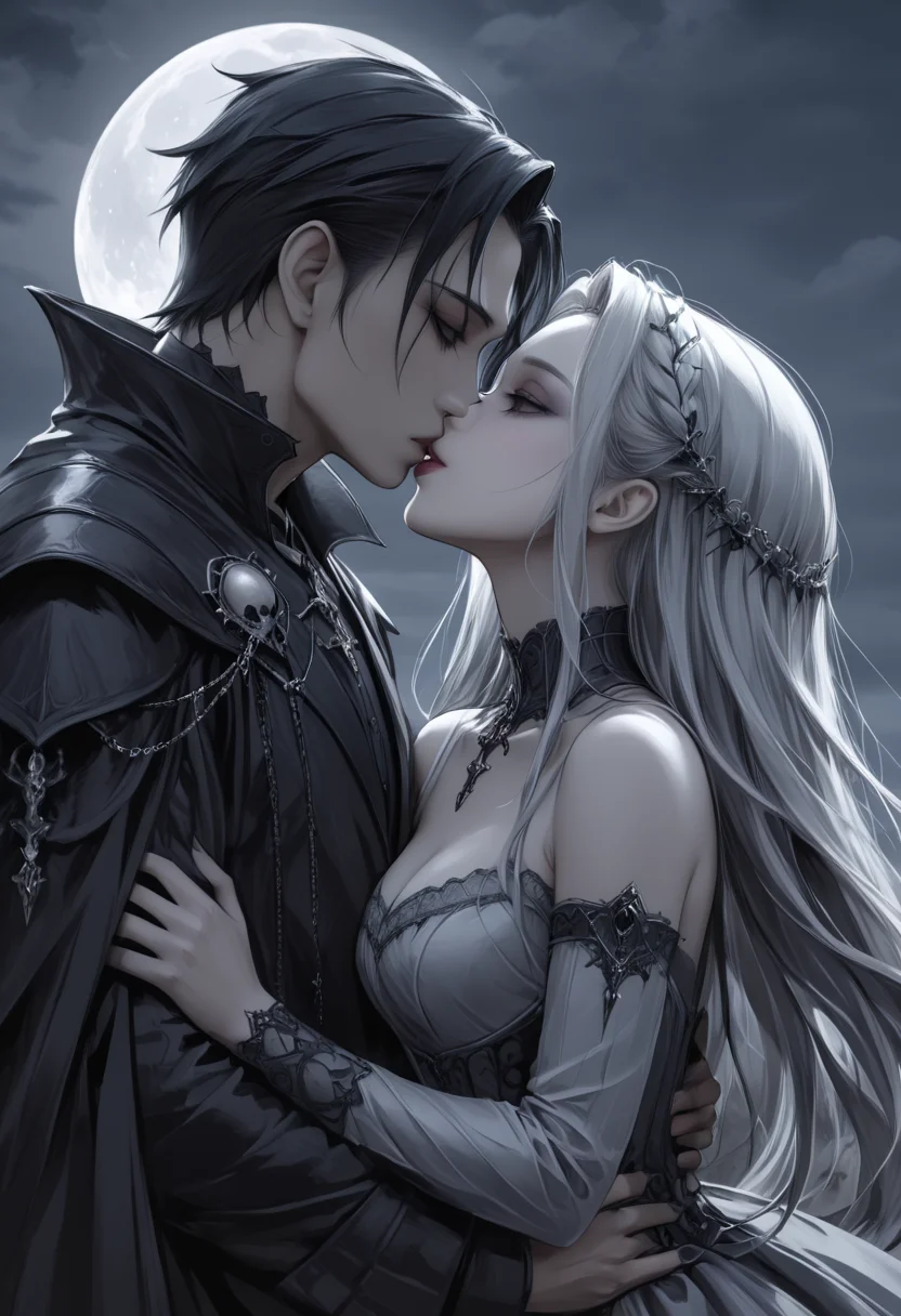 a anime like woman and man kissing each other by moonlight, dark fantasy art, gothic, desaturated colors, illustration, oil paint, digital painting, masterpiece artwork, mobe-godeen <lora:GothicDetailEnhancerV1:0.5>,